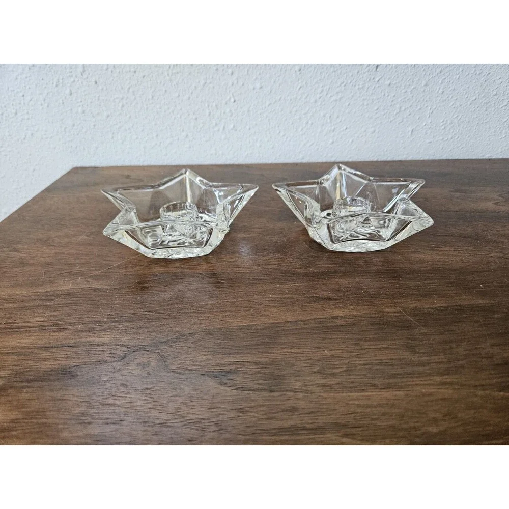 Vintage Clear Glass Star Candle Holders Set of 2 Taper Holders